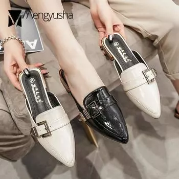 Fashion Shiny Patent leather mules women buckle belt slippers ladies shoes sandalias pointed toe thick wood heels slides plus size 40-43 4.5 абрикосовый