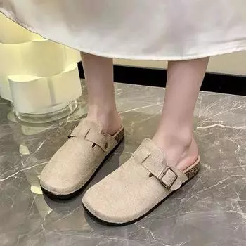 Модная женская обувь 2024 года, модные женские тапочки с закрытым носком, весна-осень, замшевые, с пряжкой, однотонные, на плоской подошве, повседневные, удобные, офисные женские туфли 36 покинуть белый