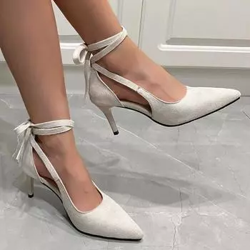 Модная обувь Женская 2024 Модные женские туфли на шнуровке на высоком каблуке Высококачественные неглубокие туфли для офиса и карьеры Сексуальные туфли с острым носком для женщин Zapatos 34 бежевый