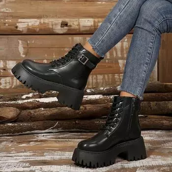 fashion Shoes Female 2024 High Quality Side Zipper Women s Boots Fashion Front Lace-up Modern Boots Women New Belt Buckle Ankle Boots 36 чёрный