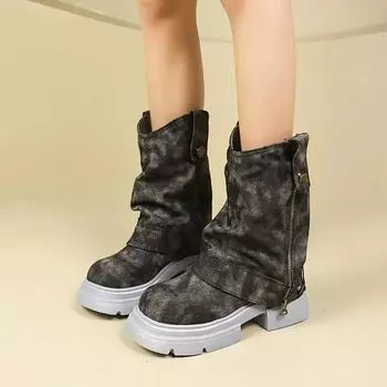 Fashion Shoes Female 2024 Hot Sale Slip-on Women s Boots Fashion Zip Modern Boots Women High Quality Rivet Round Toe Mid-Calf Boots 35 синий