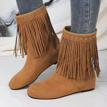 Fashion Shoes Female mid-calf Women s Boots round toe Modern Boots Women Rivet Fringe Med Heel Plus Size Shoes Women zapatos 36 темно-коричневого