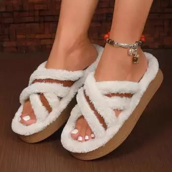 fashion Shoes Female Warm Large Size Women s Slippers Platform Casual Slippers Women Mixed Colors Round Toe Flat with Ladies Shoes 36 покинуть белый