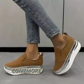 Fashion Shoes for Woman 2024 New Slip on Women s Vulcanize Shoes Outdoor Sneakers Solid Color Platform Rhinestone Ladies Casual Footwear 35 бежевый