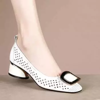 Fashion Shoes for Woman 2024 Office Square Toe Women s Summer Footwear with Medium Heels Normal Leather Casual Sandalias White Heels 35