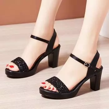 Fashion Shoes for Women 2024 Fashion Buckle Strap Women s Sandals New Bling Dress Sandals Women Summer Peep Toe Heeled Sandals Zapatos 35 чёрный