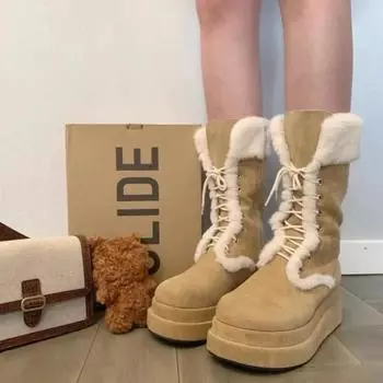 Fashion Shoes for Women 2024 Fashion Lace Up Women s Boots Winter Round Toe Plush Fleece for Warmth Solid High Tube Platform Boots 35 хаки
