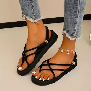 Модная обувь для женщин 2024 года. Модные женские босоножки без застежек. Летние однотонные босоножки с тонким ремешком. Водонепроницаемые босоножки на низком каблуке. 36