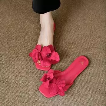 Модная обувь для женщин 2024 года, женские тапочки большого размера высокого качества, модные цветочные тапочки в стиле модерн, новые тапочки на плоской подошве с квадратным носком Zapatos 35 чёрный