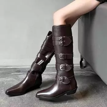 Fashion Shoes for Women 2024 High Quality Slip-on Women s Boots Fashion Belt Buckle Knight Boots Sexy Pointed Toe Solid Knee-High Boots 35 чёрный