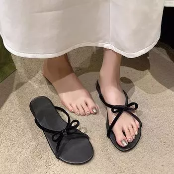 Fashion Shoes for Women 2024 New Open Toe Women s Slippers Summer Bow Tie Solid Solft Sole Light Outdoor Casual Beach Flat Slippers 35 вино красного