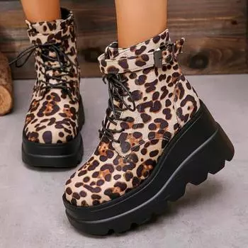 Fashion Shoes for Women 2024 Plus Size Ankle Women s Boots Platform Modern Boots Women Leopard Side Zip Front Lace-up Wedge Shoes Female 35