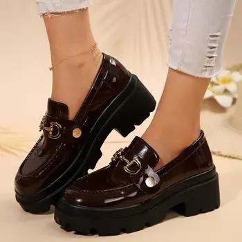 модная обувь для женщин высокого качества, женские туфли-лодочки на один шаг, осенние, в британском стиле, с круглым носком, металлической отделкой, на массивном каблуке 36 вино красного