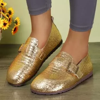 fashion Shoes for Women New Slip on Women s Flats Autumn Round Toe Buckle Solid Solft Sole Casual Flat Comfortable Office Ladies Shoes 36 золотой