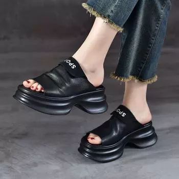 Fashion Shoes for Women Sexy Round Toe Fish Sandals Thick Woman Slippers Black Platform Slides Leather Easy Wears on Promotion Vip Offer 35