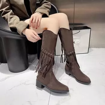 Fashion Shoes Ladies 2024 Plus Size Knee-High Women s Boots Classics Modern Boots Women Fringe Round Toe Low Heel Side Zip Women s Shoes 35 чёрный