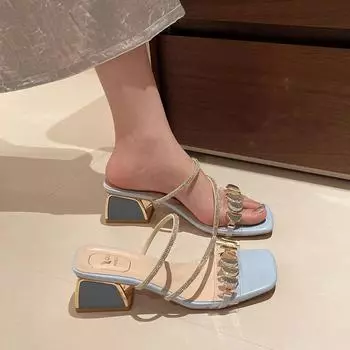 модная обувь низкие тапочки каблуки квадратный каблук перекрестные шлепанцы тапочки женские желе шлепанцы высокие блоки лето 2024 блестки рим скандия 39 бежевый
