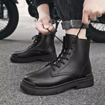 fashion Shoes Men Sneakers New Fashion Ankle Boots with Thick Bottom Lace Up for Comfort Motorcycle Driving Shoes Autumn Casual Boots 43 чёрный