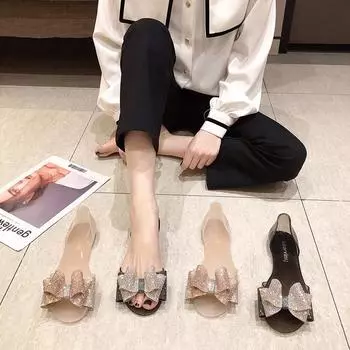 Fashion Shoes Plastic Sandals 2024 Women s Flat Fish Mouth Rhinestone Bow Beach Shoes Seaside Leisure Fashion Transparent Sandal 34 розовый