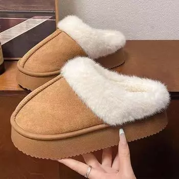 Fashion Shoes Woman 2024 Trend Winter Suede Snow Slippers Outdoor Thick Soled Warm Anti Slip Platform Warm Outer Casual Cotton Shoes 36-37 коричневый