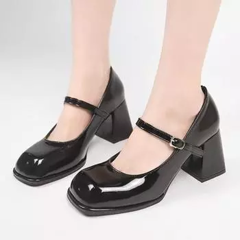 Модная женская обувь на высоком каблуке на платформе женские туфли Мэри Джейн с пряжкой нескользящие повседневные туфли на среднем каблуке офисные женские туфли-лодочки 34 чёрный