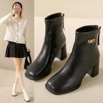 Fashion Short Boots Women 2024 Autumn and Winter New British Style Women s Shoes Square Fashion Thick with Women Back Zipper Boots 35 коричневый