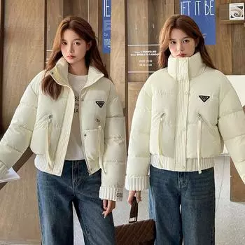 МОДА короткая хлопковая подкладкаженская зимняя новая 2024 года воротник-стойка повседневная пуховая хлопковая сращивание свободная утолщенная модная одежда M армия зеленый