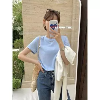 Fashion Shoulder Spring-Summer Top round Neck Short Sleeve T-shirt Shallow water Blue S