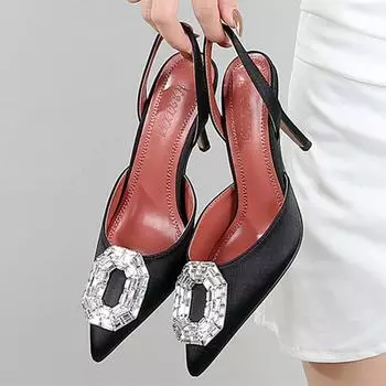 Fashion Silk Rhinestone Design Pumps Women Sexy Pointed Toe High Heels Glitter Wedding Party Dress Shoes Summer Heeled Sandals 35 чёрный