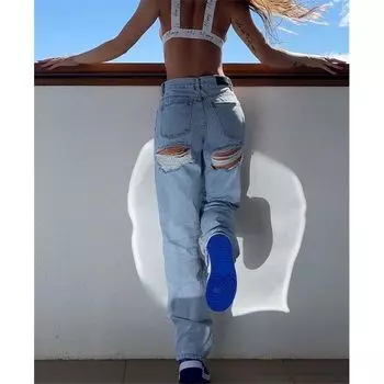 Fashion Silm High Waist Hole Denim Female High Waist Ripped Denim Jeans Women Blue M