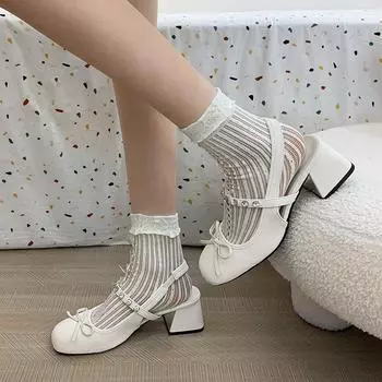 Fashion Silver Bow Thick Heel Square Toe High Heels 2024 Outdoor Shoes Mary Jane Women s Shoes French High Heels 34 бежевый