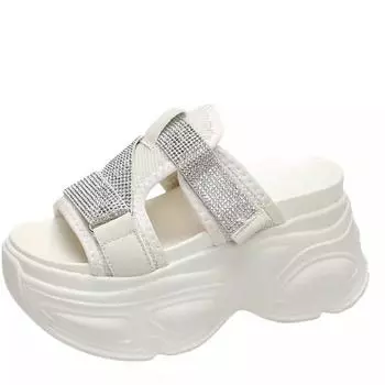 мода серебряные стразы мода толстая подошва увеличенный легкий папины тапочки женские летние новые верхняя одежда слайды римские шлепанцы 34 белый