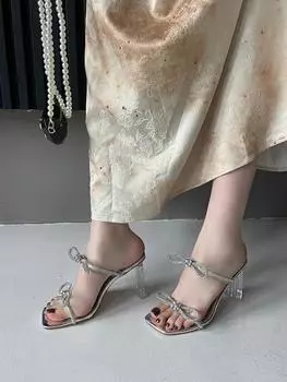 fashion Silver Women Slides Slippers 2024 New Arrivals Party Pumps Thick High Heels Dress Shoes Woman Size 35-41 Transparent Slides 5.5 серебряный