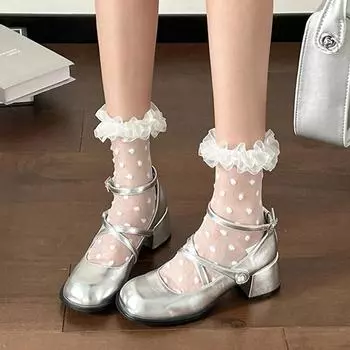 Fashion Silvery Mary Jane Women Pumps Ankle buckle high heels Female Round Toe Lolita Shoes summer Fashion Leather Party dress pumps 4.5
