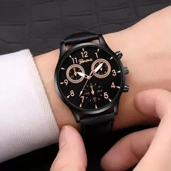 Модные простые мужские ультратонкие кожаные кварцевые наручные часы с кожаным ремешком, роскошные деловые повседневные наручные часы #468587 чёрный/золотой