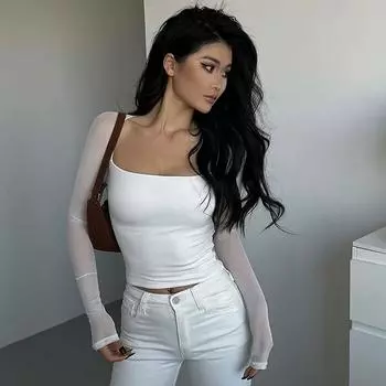 Модный простой сетчатый однотонный топ с квадратным вырезом и длинным рукавом, короткий топ без шеи L белый