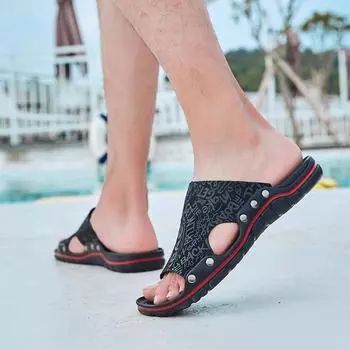 Fashion Simple Slip on Slippers New Genuine Leather Men Slippers Beach Shoes Men Summer Flat Heels Male Slides Luxury Plus Size 38-48 38 красный