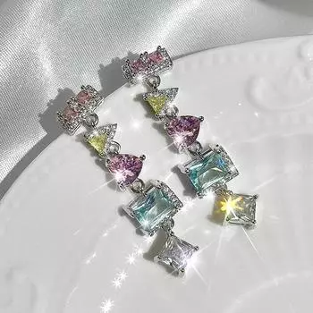 Модные простые геометрические серьги-подвески в форме сердца с квадратом и треугольником из циркона для женщин разноцветный
