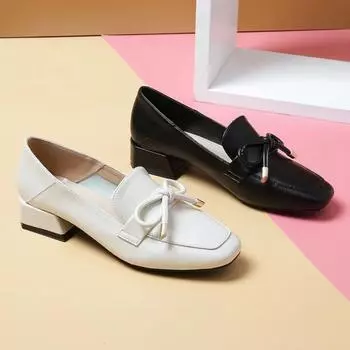 Модные одинарные туфли женские осенние женские кожаные туфли с бантом на толстом каблуке женские мокасины Tacones Mujer 34 чёрный