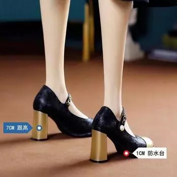 Fashion single shoes women s 2024 new one-word strap with skirt high heels thick heel shallow mouth pearl buckle single shoes tide 34 зелёный