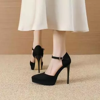 Fashion single shoes women s shoes 2025 spring new 11cm thick heel high heels one word with waterproof table pointed sandals women 35