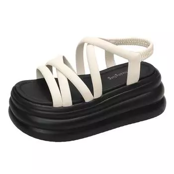 Fashion Size 34-39 Summer Basic Women Sandals Fashion Rome Style 7cm Platform Ladies High Heels Woman Soft Leather Leisure Shoes 2024 34 чёрный