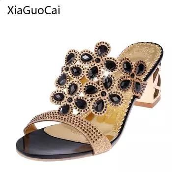 Fashion Size 35-41 Big Crystal Women Sandals Thick Heel Party High Heels Shoes Black Slip-on Peep Toe Womens Sandals X947 35 5