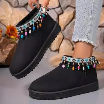 Fashion Size 44 Winter Cotton Shoes for Women 2024 New Bohemian Style Colorful Beaded Design Fashionable Women s Boots Botas De Mujer 36 коричневый
