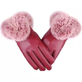 Fashion Ski Women Leather Gloves Gloves Winter Warm Gloves Fur Wrist Mittens красный