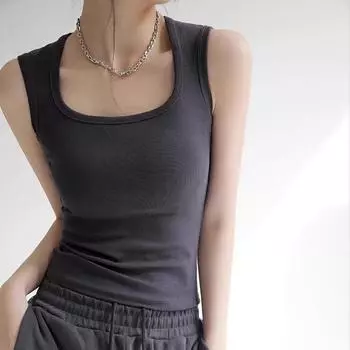 Fashion Sleeveless Athleisure U-Neck T-shirt Camisole Dark gray Long XL