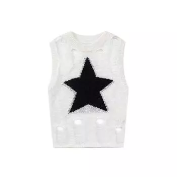 Fashion Sleeveless Sexy Women Ripped Design Shirt O-neck Loose Casual Hollow Out New Casual O Neck Vest Slim Fit Knitted Hole Star TopsY2k Tank Top one size