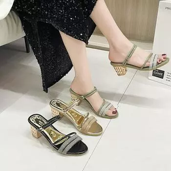 Fashion Slides High Up To 5cm Heel Summer 2024 Crystals Women s Slippers and Ladies Sandals Jewels Outside Gold H Sandal 36 чёрный