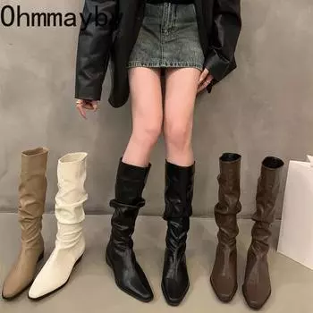 мода тонкие женские сапоги до колена модные длинные ботильоны с завязками на квадратном каблуке осенне-зимняя обувь 35 хаки