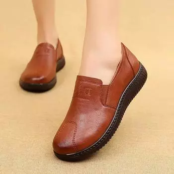 Fashion Slip-on Sewing Sneakers Women Flat Shoes 2024 Spring Soft Wedge Leather Loafers Casual Mother Flats Size 9 Brown CN35 чёрный
